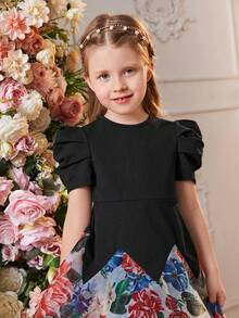 SHEIN 女童短款羊腿袖拼接歐根紗A字洋裝，收腰