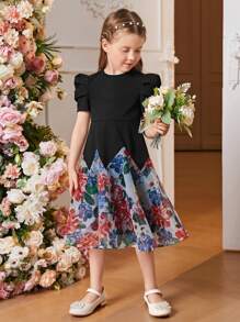 SHEIN 女童短款羊腿袖拼接歐根紗A字洋裝，收腰