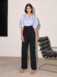 女士高腰纯色休闲办公直筒裤，春夏