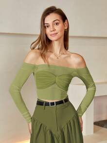 素色一字肩胸部褶皺網紗襯衫 - 橄欖綠 - 查看 5