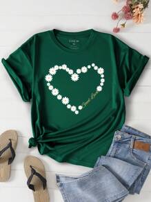 SHEIN EZwear Áo thun Plus size Hoa Tim Giải trí - Màu xanh lá cây đậm - Xem 1