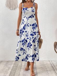 SHEIN VCAY Floral Print Split Thigh Cami Dress - Blue and White - View 4