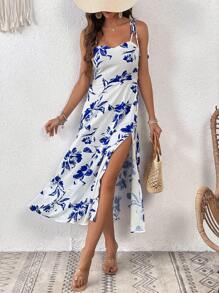 SHEIN VCAY Floral Print Split Thigh Cami Dress - Blue and White - View 5