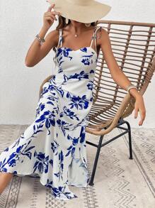 SHEIN VCAY Floral Print Split Thigh Cami Dress - Blue and White - View 6