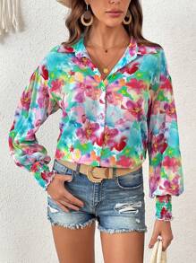 SHEIN VCAY Allover Floral Print Lantern Sleeve Shirt - Multicolor - View 3