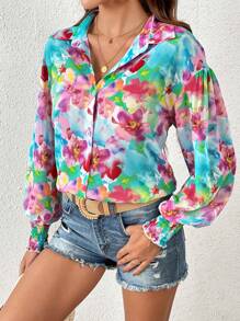 SHEIN VCAY Allover Floral Print Lantern Sleeve Shirt - Multicolor - View 4
