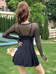 Camisa de protección solar con plisado sólido y cubrecosturas para playa de verano - Negro - Ver 2