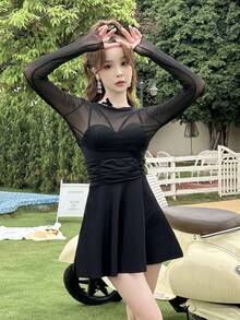 Camisa de protección solar con plisado sólido y cubrecosturas para playa de verano - Negro - Ver 3