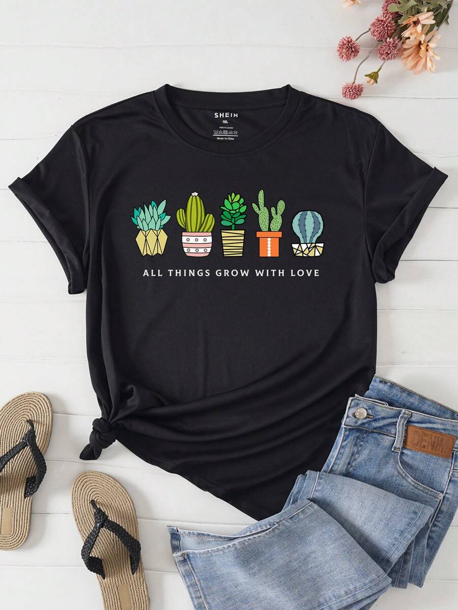 SHEIN EZwear Plus Cactus And Slogan Graphic Tee - Black - View 1