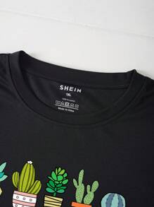 SHEIN EZwear Plus Cactus And Slogan Graphic Tee - Black - View 3