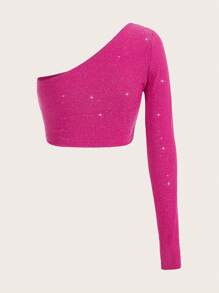 SHEIN ICON 單肩金屬質感短款T恤 - 玫紅色 - 查看 2