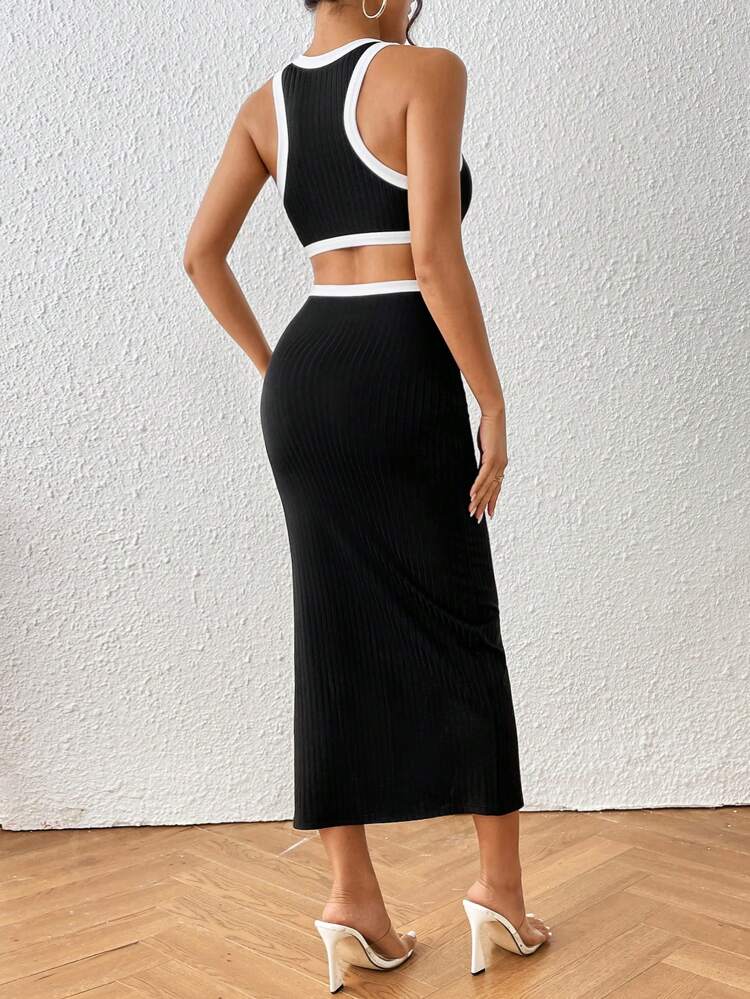 Contrast Binding Cut Out Split Thigh Summer Dress,Backless Dress