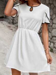 RueChic Keyhole Neckline Contrast Binding A-line Dress - White - View 1