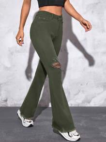 SHEIN PETITE 破洞毛邊牛仔喇叭褲 - 軍綠色 - 查看 2