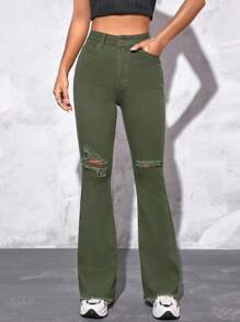 SHEIN PETITE 破洞毛邊牛仔喇叭褲 - 軍綠色 - 查看 4