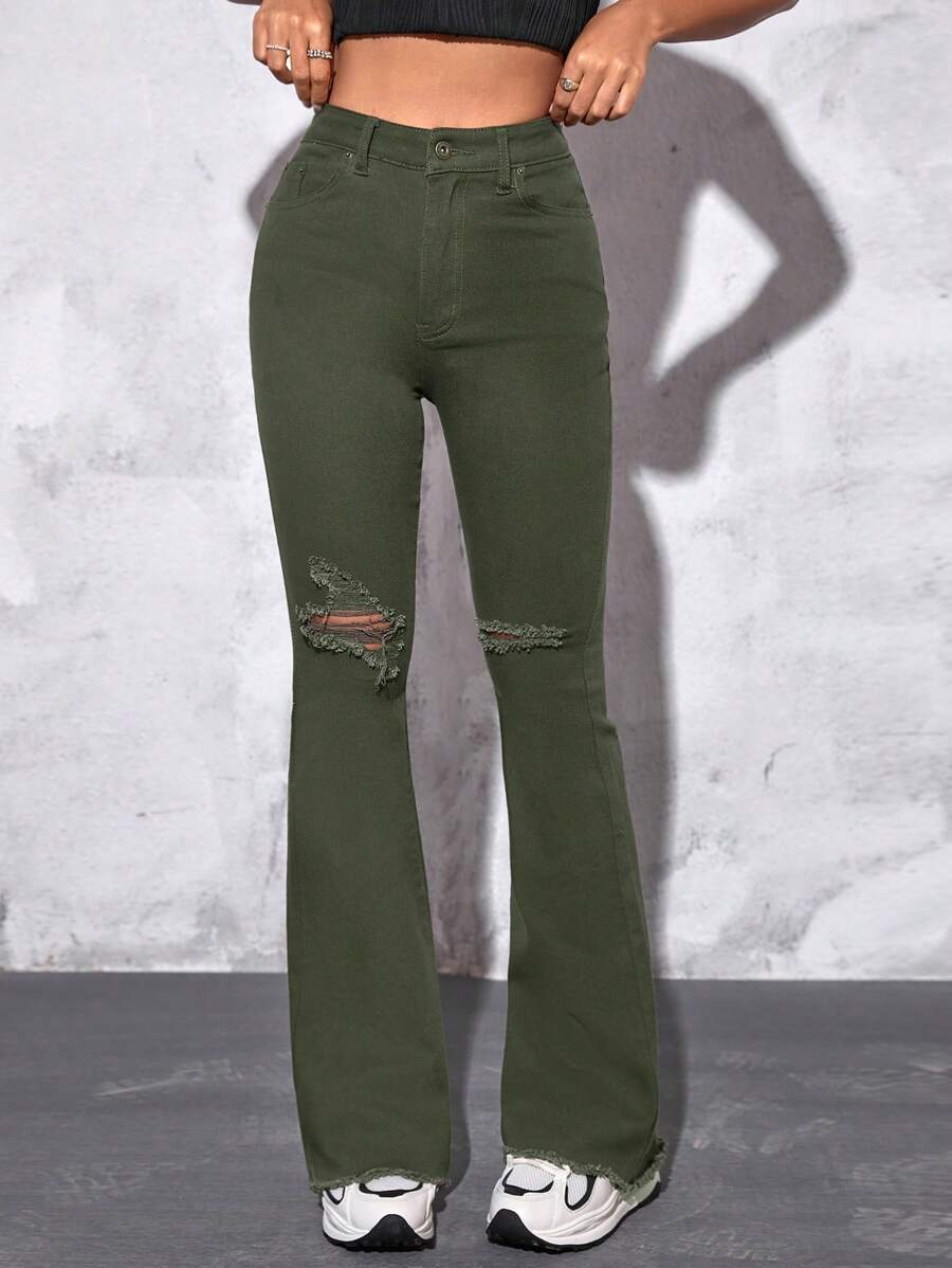 SHEIN PETITE 破洞毛邊牛仔喇叭褲 - 軍綠色 - 查看 1