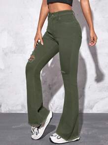 SHEIN PETITE 破洞毛邊牛仔喇叭褲 - 軍綠色 - 查看 5