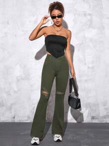 SHEIN PETITE 破洞毛邊牛仔喇叭褲 - 軍綠色 - 查看 6