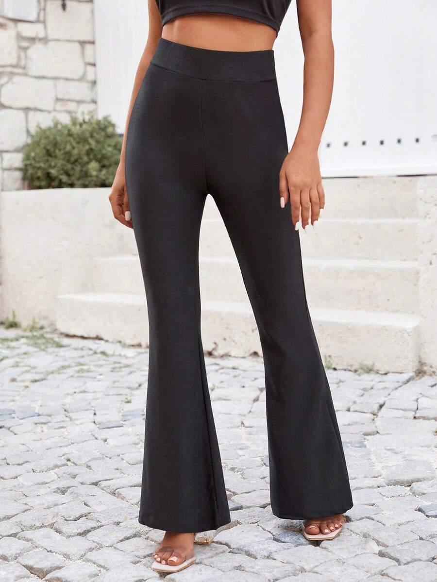 EURMUSE Solid Flare Leg Trousers - Black - View 1