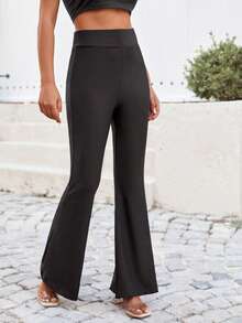 EURMUSE Solid Flare Leg Trousers - Black - View 3