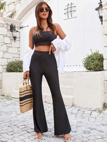 EURMUSE Solid Flare Leg Trousers - Black - View 4