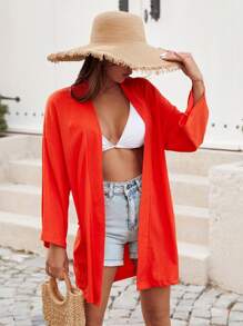 EURMUSE Drop Shoulder Open Front Kimono, For Summer Beach Vacation - Burnt Orange - View 3