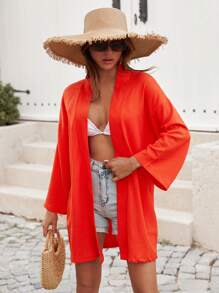 EURMUSE Drop Shoulder Open Front Kimono, For Summer Beach Vacation - Burnt Orange - View 5