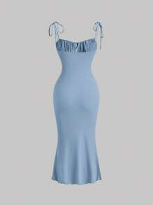SHEIN MOD 前繫帶胸部褶皺吊帶洋裝 - 淺藍色 - 查看 2