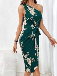 SHEIN Privé Floral Print One Shoulder Belted Dress - Multicolor - View 6