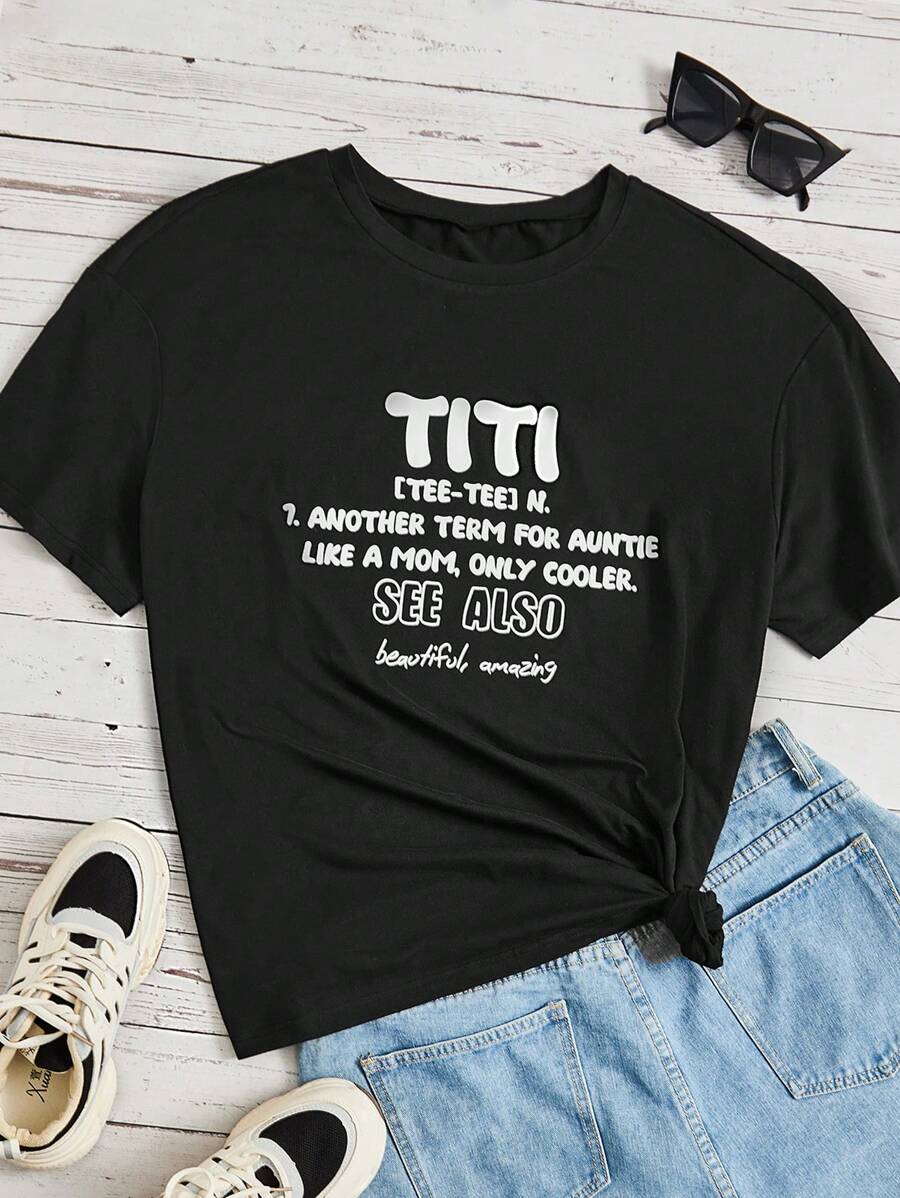 SHEIN Unity Plus Slogan Graphic Summer Tee, ANOTHER TERM FOR AUNTIE LIKE A MOM, ONLY COOLER SEE ALSO Beautiful, Amazing - Black - View 1