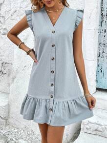 SHEIN Frenchy Đầm Xù Viên lá sen Nút phía trước màu trơn Dễ thương - Màu xanh bụi bặm - Xem 6