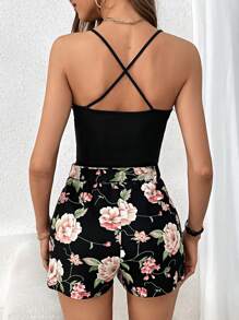 SHEIN Privé unicolor Top de tirantes & con estampado floral Shorts - Multicolor - Ver 3