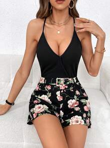 SHEIN Privé unicolor Top de tirantes & con estampado floral Shorts - Multicolor - Ver 2