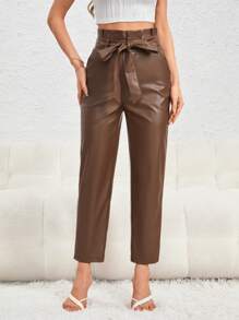 SHEIN Privé 紙袋腰腰帶PU皮革長褲 - 咖啡棕 - 查看 1