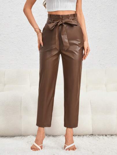SHEIN Privé 紙袋腰腰帶PU皮革長褲