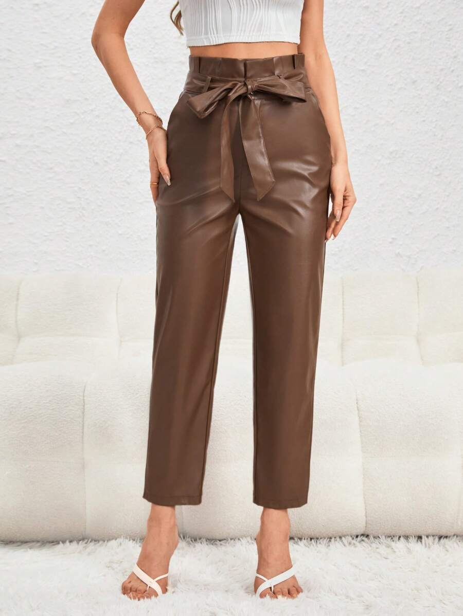SHEIN Privé 紙袋腰腰帶PU皮革長褲 - 咖啡棕 - 查看 1