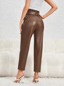 SHEIN Privé 紙袋腰腰帶PU皮革長褲 - 咖啡棕 - 查看 2