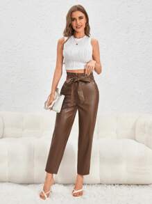 SHEIN Privé 紙袋腰腰帶PU皮革長褲 - 咖啡棕 - 查看 4