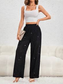 SHEIN Privé 素色金屬亮絲闊腿褲 - 黑色 - 查看 1