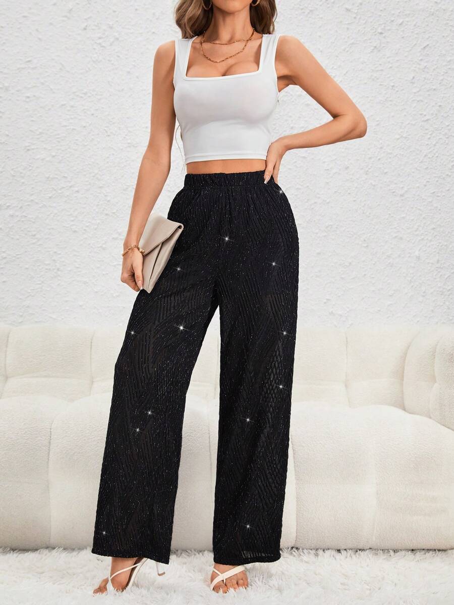 SHEIN Privé 素色金屬亮絲闊腿褲 - 黑色 - 查看 1