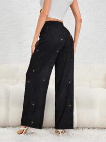 SHEIN Privé 素色金屬亮絲闊腿褲 - 黑色 - 查看 2