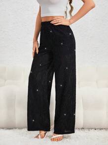SHEIN Privé 素色金屬亮絲闊腿褲 - 黑色 - 查看 3