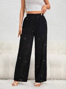 SHEIN Privé 素色金屬亮絲闊腿褲 - 黑色 - 查看 5