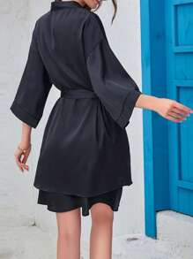 Aveloria Solid Cami Dress & Belted Robe - Black - View 2