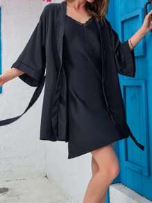 Aveloria Solid Cami Dress & Belted Robe - Black - View 4