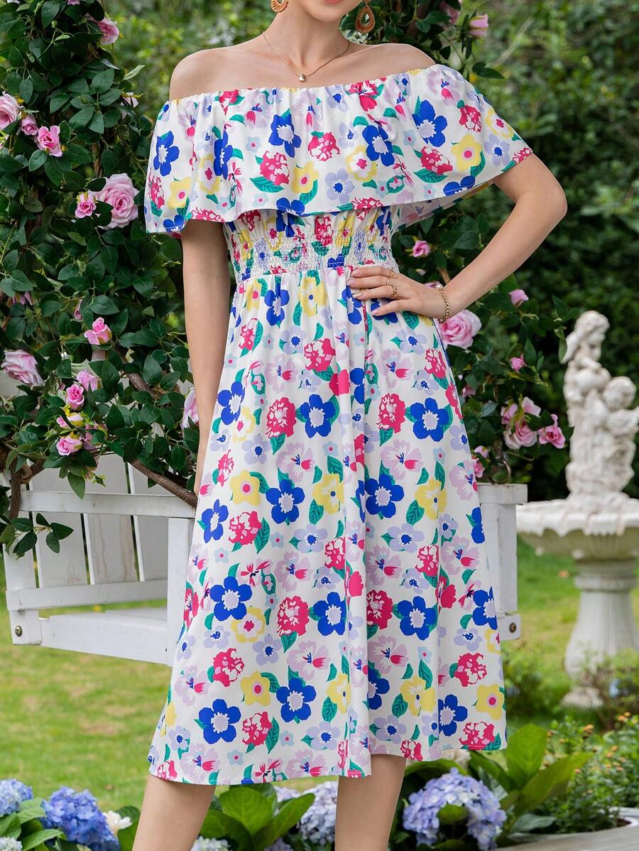 SHEIN VCAY 印花一字肩荷葉邊洋裝 - 彩色 - 查看 1