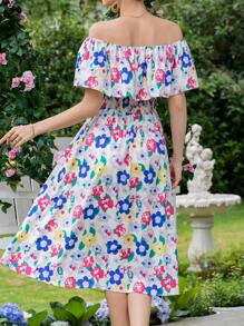 SHEIN VCAY 印花一字肩荷葉邊洋裝 - 彩色 - 查看 2