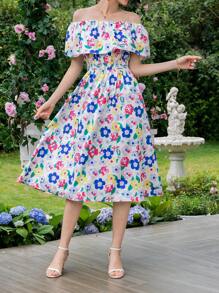 SHEIN VCAY 印花一字肩荷葉邊洋裝 - 彩色 - 查看 3