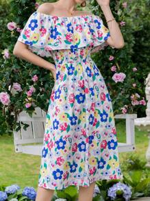 SHEIN VCAY 印花一字肩荷葉邊洋裝 - 彩色 - 查看 6