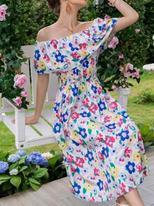 SHEIN VCAY 印花一字肩荷葉邊洋裝 - 彩色 - 查看 7